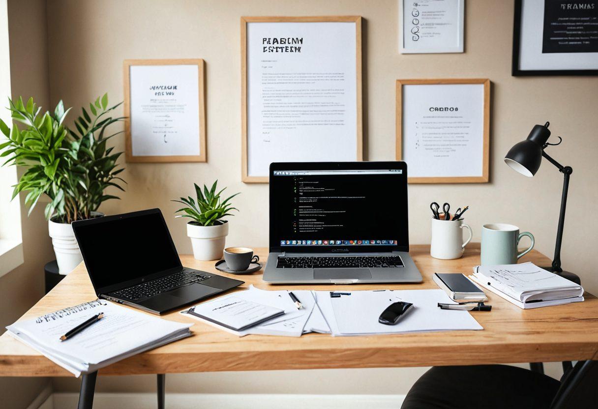 A professional workspace featuring a sleek desk with a laptop open to a modern CV template, surrounded by books and inspirational quotes about career success. Incorporate a notepad with a checklist of resume tips and a cup of coffee for a cozy touch. Use a soft color palette to evoke a warm, inviting feeling, highlighting the theme of career mastery. super-realistic. vibrant colors. soft background.