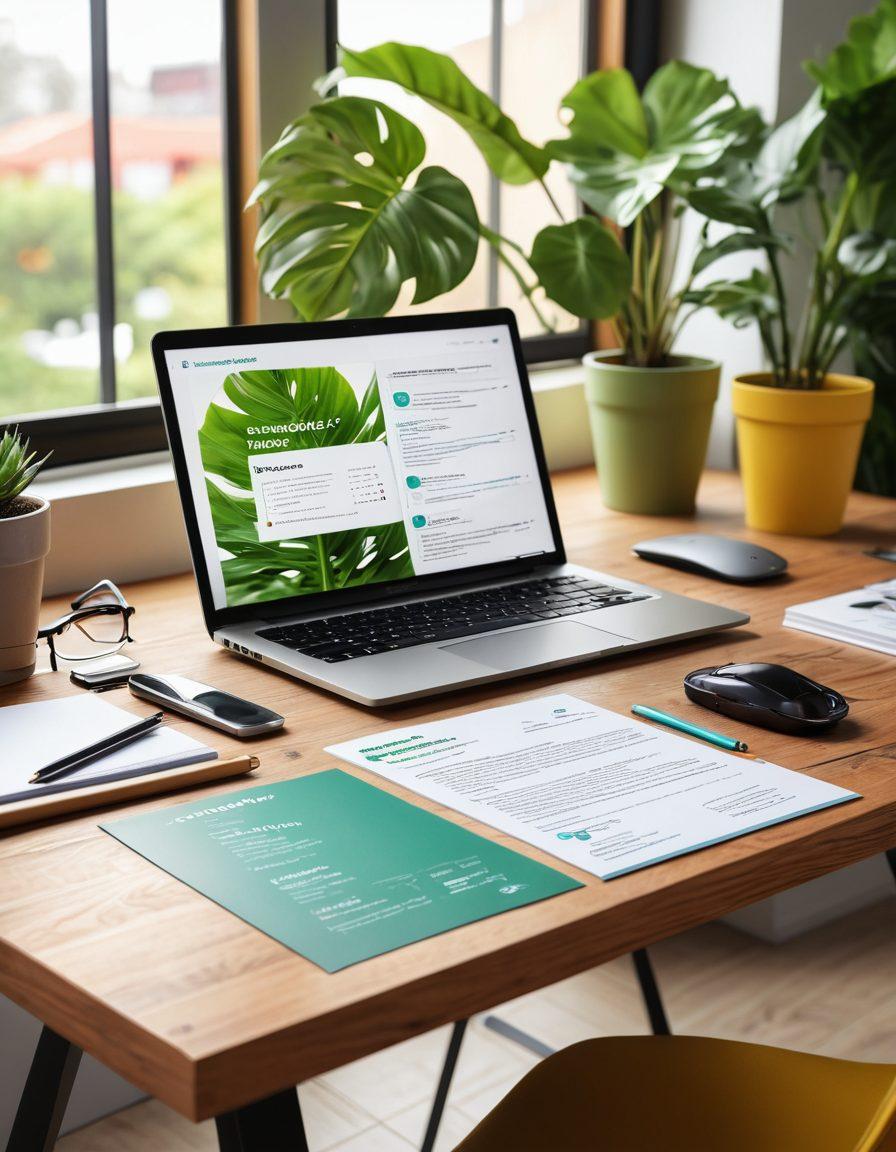 A visually appealing and modern resume spread out on a wooden desk, surrounded by colorful stationery, a laptop, and a cup of coffee. The background should include blurred office elements like a plant and motivational posters. The resume should have vibrant infographics and clear sections, emphasizing creativity and professionalism. super-realistic. vibrant colors. soft focus.