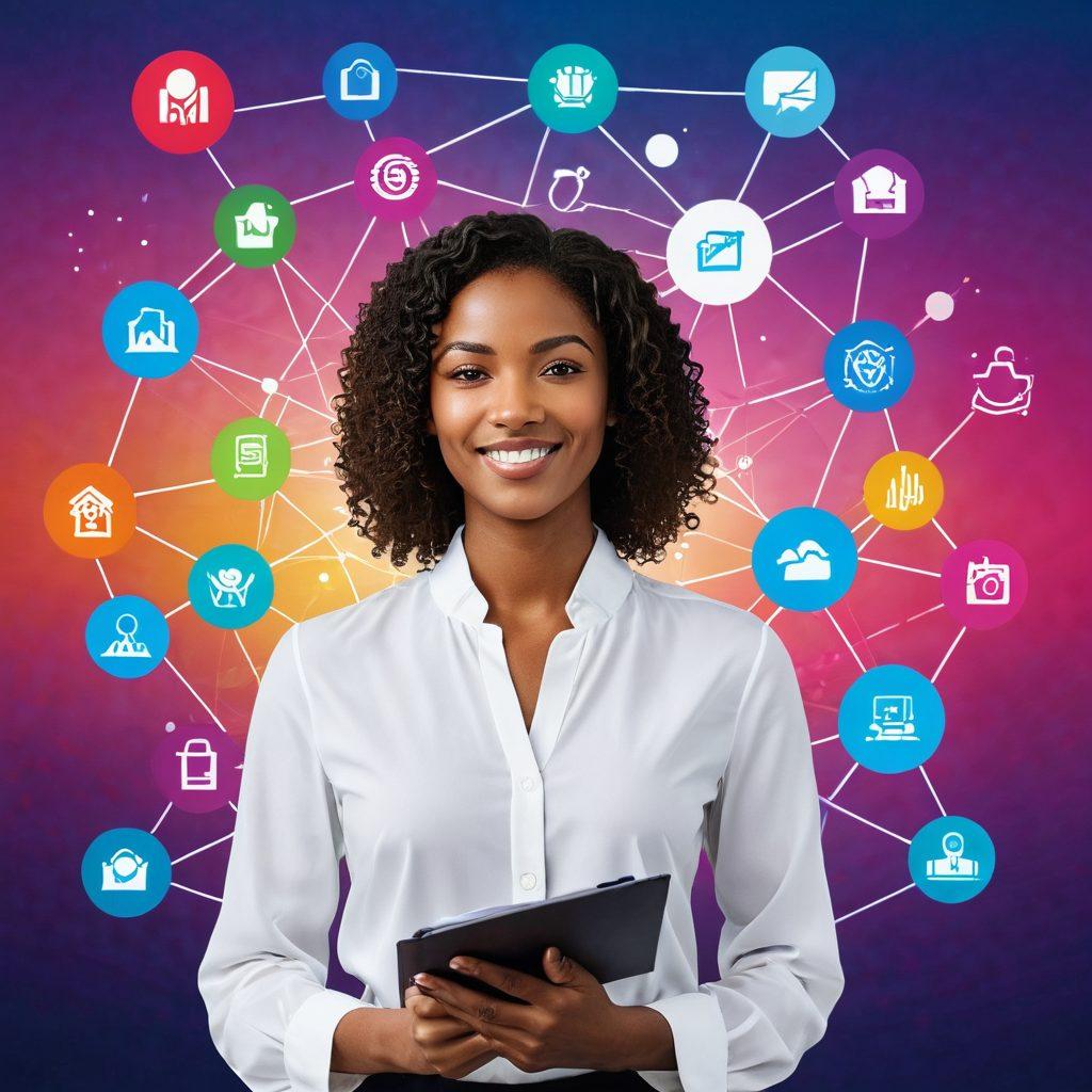 An individual confidently navigating a digital world, connecting with diverse professionals through network nodes represented by vibrant icons. In the background, a glowing job application document and an interview setting appear, symbolizing the journey from application to interview. The scene is filled with motivational quotes in stylish typography. super-realistic. vibrant colors. white background.